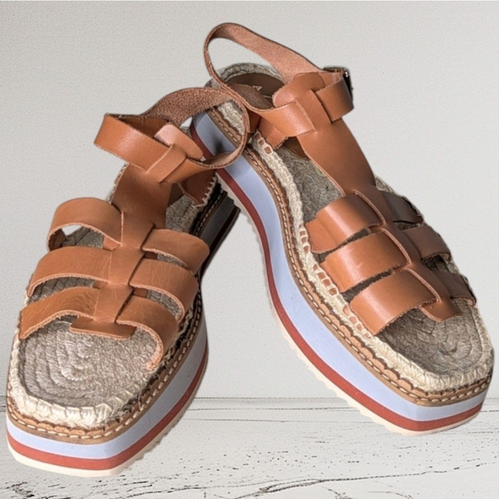 Anthropologie Tan Leather Jute Platform Sole Square Toe Fisherman Sandals 41 11